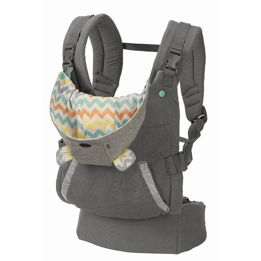 A person is seen wearing a gray ergonomic cotton baby carrier with a geometric pattern, holding a sleeping baby securely inside.