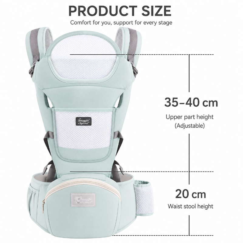 Product size diagram of a baby carrier in pale mint green, showing measurements for upper part height (35-40 cm) and waist/stool height (20 cm) with text labels on a white background.