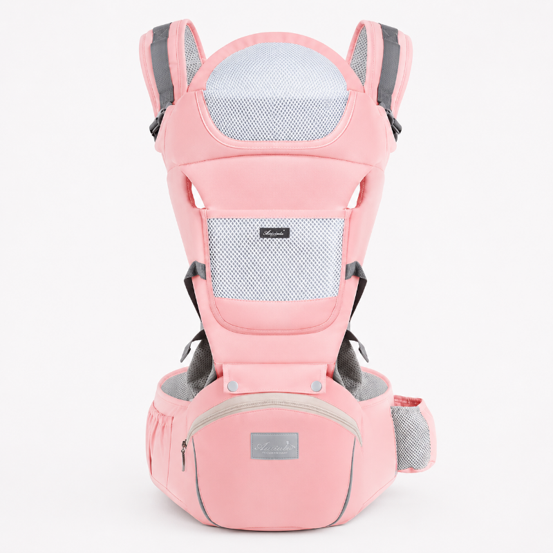 A pink baby carrier seat belt system shown from the front on a light gray background. The carrier features a soft pink fabric body with gray mesh panels, adjustable shoulder straps, and a waist belt with a front zippered pocket.