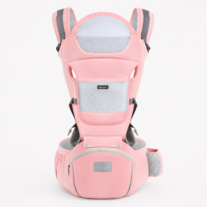 A pink baby carrier seat belt system shown from the front on a light gray background. The carrier features a soft pink fabric body with gray mesh panels, adjustable shoulder straps, and a waist belt with a front zippered pocket.