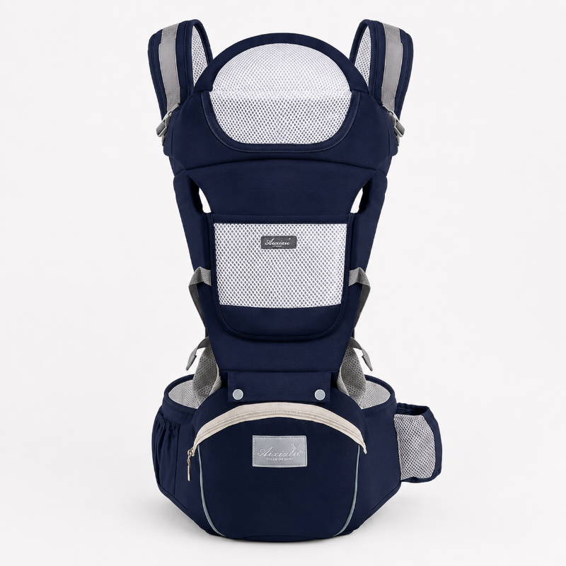 A navy blue baby carrier seat belt system with white mesh panels and gray adjustable shoulder straps, shown against a light gray background.