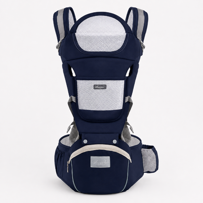 A navy blue baby carrier seat belt system with white mesh panels and gray adjustable shoulder straps, shown against a light gray background.