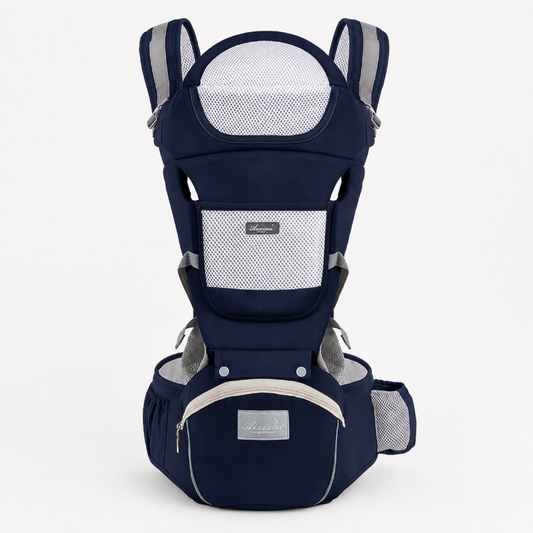 A navy blue baby carrier seat belt system with white mesh panels and gray adjustable shoulder straps, shown against a light gray background.