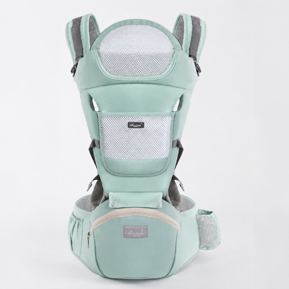 A mint green baby carrier seat belt shown from the back on a light gray background. The carrier features a mint green fabric body with gray mesh back panels, gray shoulder straps, and a beige zipper on the front waist pouch.