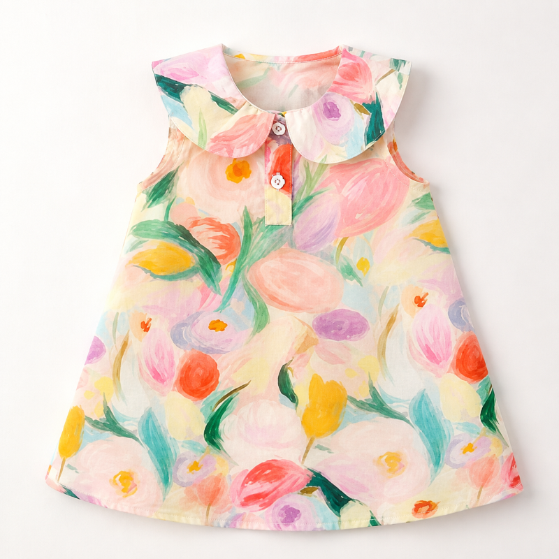 A sleeveless baby dress with a Peter Pan collar, featuring a colorful watercolor floral print on a cream background.
