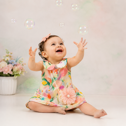 A baby girl sitting on the floor, smiling and reaching up toward floating bubbles. She is wearing a sleeveless pastel floral dress with a Peter Pan collar and a pink bow headband.