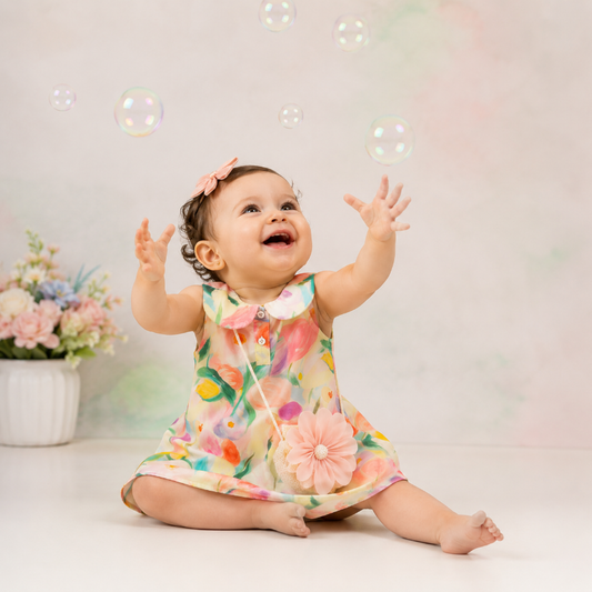 A baby girl sitting on the floor, smiling and reaching up toward floating bubbles. She is wearing a sleeveless pastel floral dress with a Peter Pan collar and a pink bow headband.