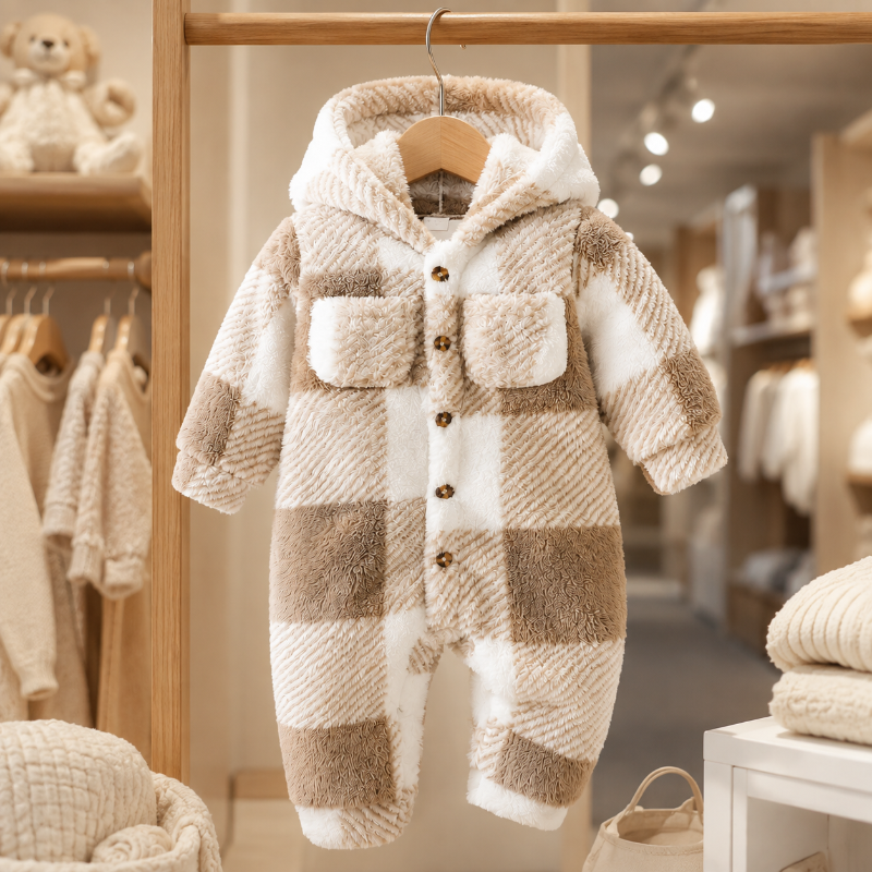 A baby hooded one-piece romper in a soft plaid pattern of beige, brown, and white fleece, hanging on a wooden hanger in a boutique setting.