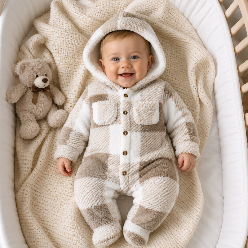 A baby wearing a cozy hooded footed onesie with a beige and white buffalo plaid pattern, lying in a white bassinet on a textured cream blanket next to a plush teddy bear.
