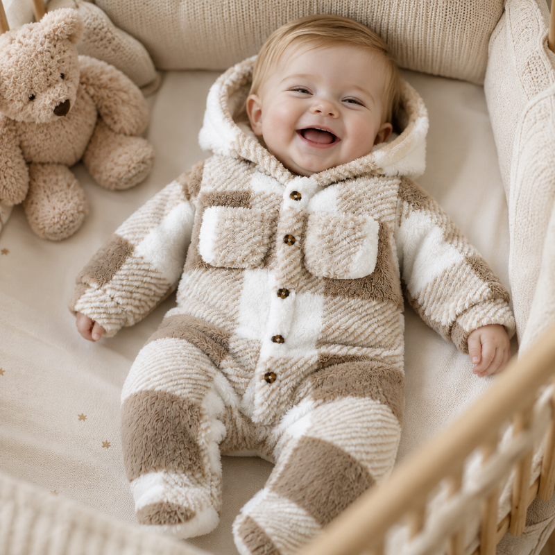 A smiling baby lying in a soft cream-colored bassinet, wearing a cozy hooded footed onesie with large brown and cream check stripes. A plush teddy bear sits to the left of the baby.
