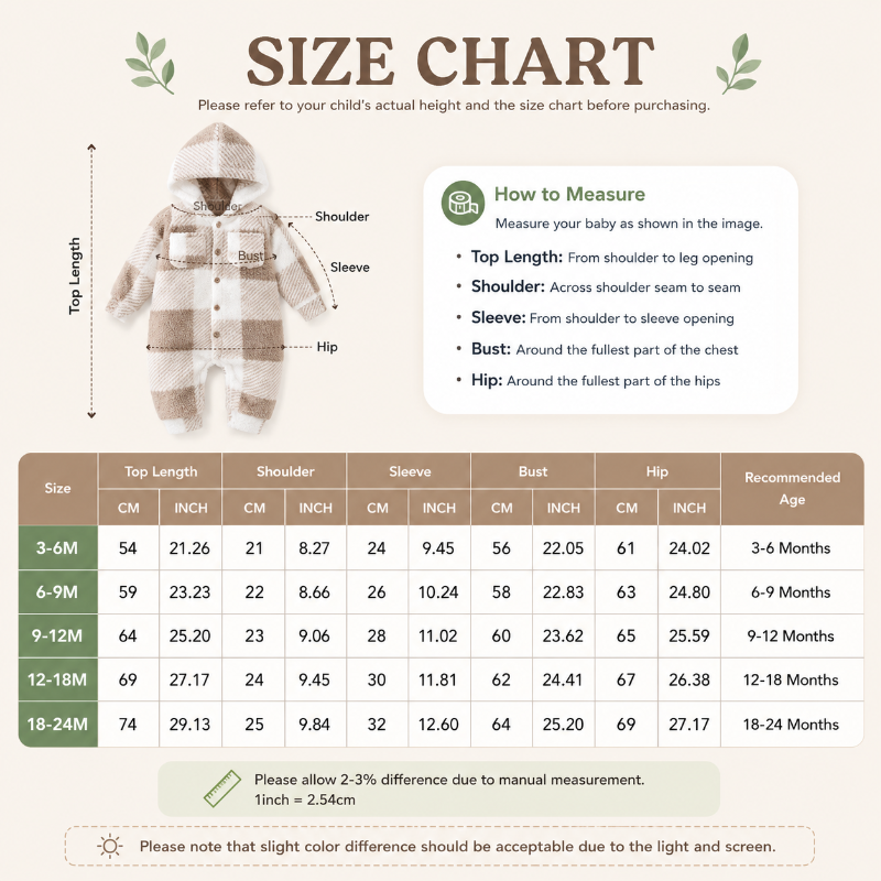 A size chart infographic for a baby hooded outfit, showing a labeled illustration of a baby in a hood with measurements for shoulder, bust, sleeve, and hip, alongside a measurement guide and a size-to-age table.