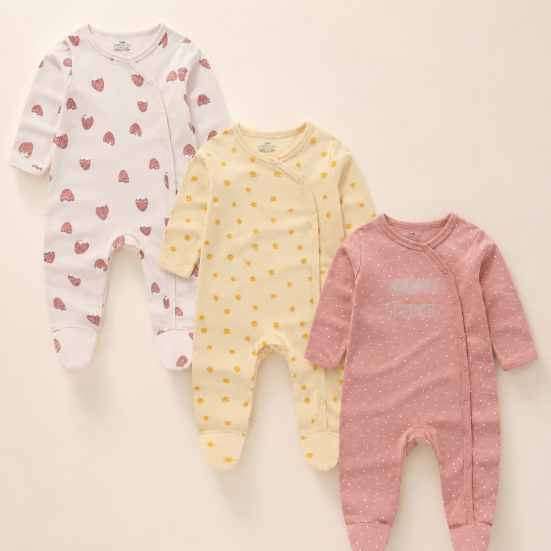 Three baby footed sleepers laid flat on a light cream background. The left sleeper is white with pink strawberry prints, the middle is pale yellow with small yellow flower prints, and the right is dusty pink with tiny white polka dots and 'MERRY CHRIST' text on the chest.
