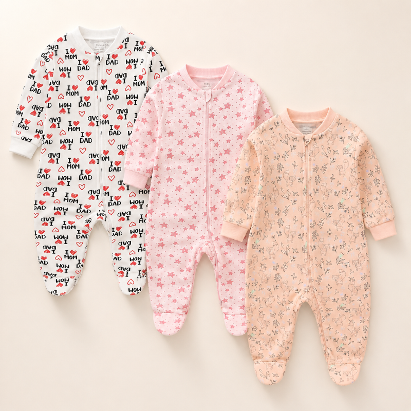 Three baby footed sleepers laid flat on a light beige background. The left sleeper is white with black text and red heart/heart patterns.