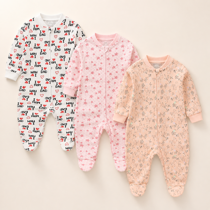 Three baby footed sleepers laid flat on a light beige background. The left sleeper is white with black text and red heart/heart patterns.