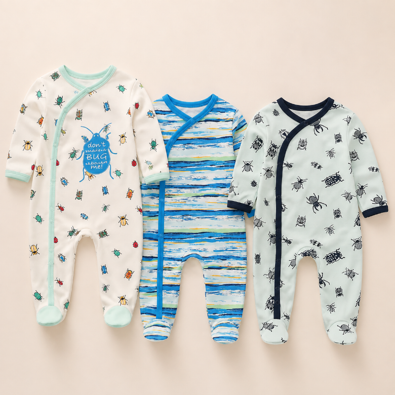 Three infant footed sleepers laid flat on a light beige background. The left sleeper is off-white with multicolored bug prints and a mint trim; the middle sleeper has blue and white horizontal stripes with bright blue trim; the right sleeper is pale mint with black spider prints and dark navy trim.