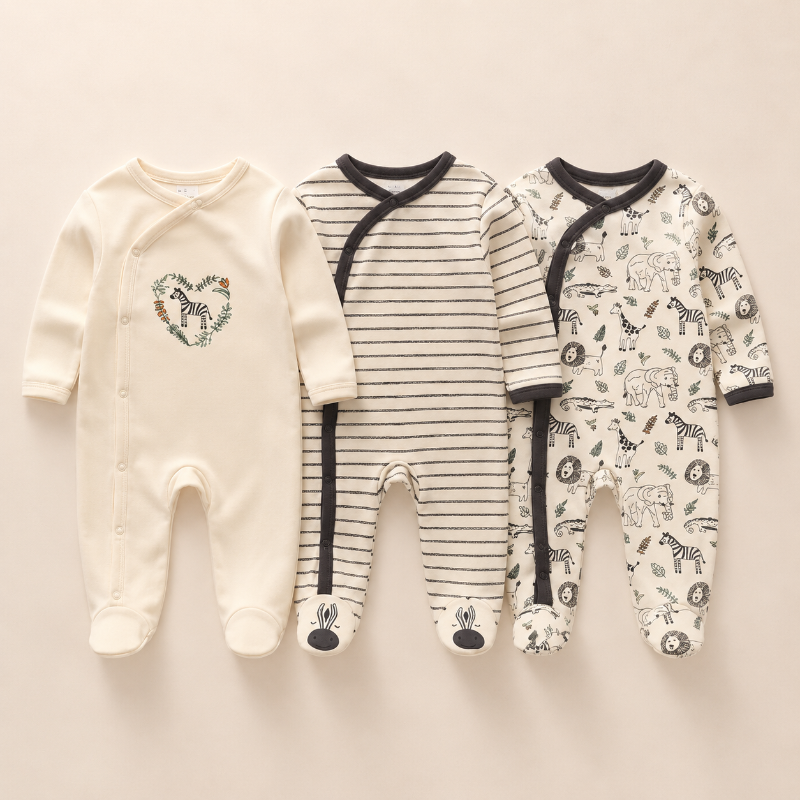 Three baby footed sleeper onesies laid flat on a light beige background. The left sleeper is cream with a floral heart design and the word 'Dus' inside.