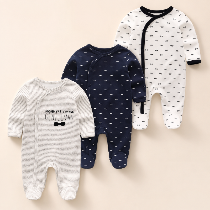 Three baby long-sleeve footed sleepers arranged on a light beige background: one heather light gray with 'MOMMY'S LITTLE GENTLEMAN' text and bow tie graphic, one navy with small white dash pattern, and one white with small dark print and black trim.