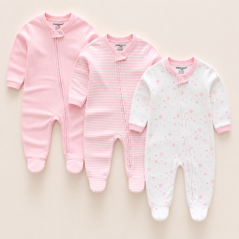 Three infant footed sleeper onesies arranged side by side on a light beige background. The left sleeper is solid light pink, the middle sleeper has thin pink horizontal stripes, and the right sleeper is white with scattered small pink stars.