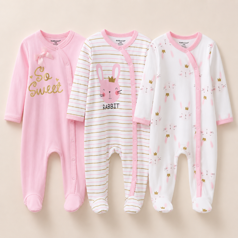 Three baby footed sleepers laid flat on a light beige background. The left sleeper is solid pink with gold 'So Sweet' lettering.