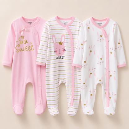 Three baby footed sleepers laid flat on a light beige background. The left sleeper is solid pink with gold 'So Sweet' lettering.