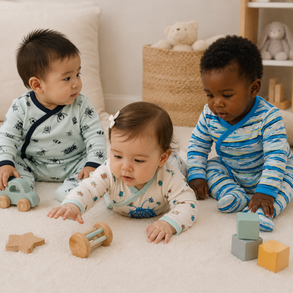 Three babies sitting on a white carpet playing with wooden toys, wearing matching patterned baby sleepers. The baby on the left wears a light blue sleeper with black spider prints, the baby in the middle wears a cream sleeper with small blue and yellow star prints, and the baby on the right wears a blue and white striped sleeper.