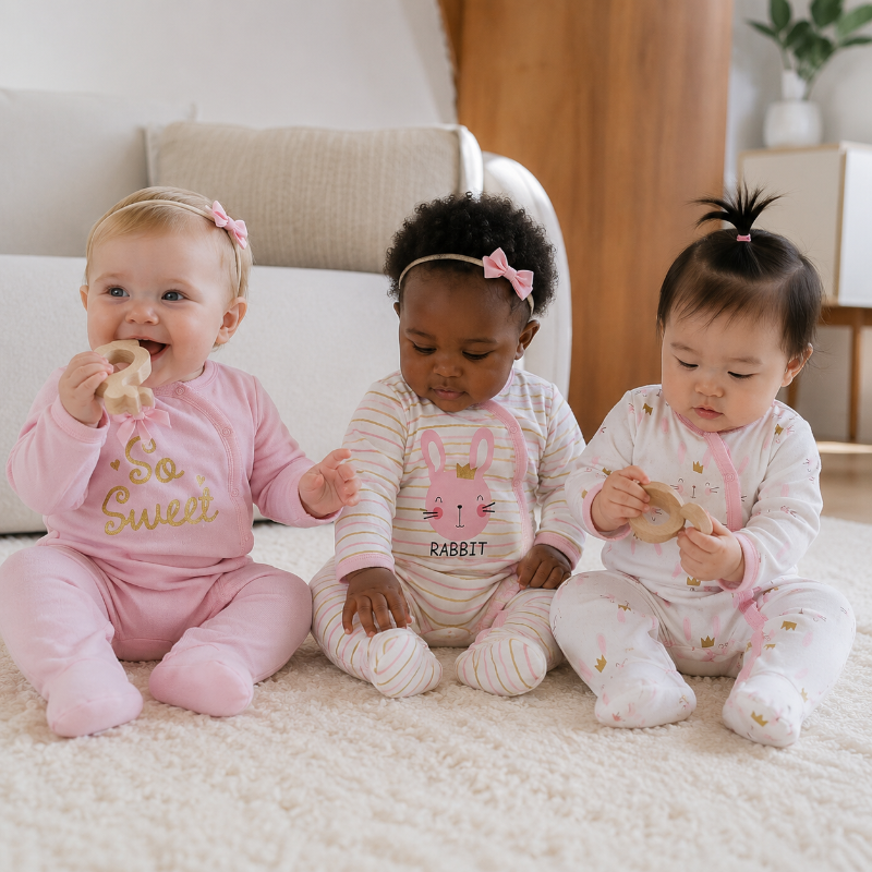 Three babies sitting on a white rug wearing matching pink and white baby onesies in a cozy indoor room setting.