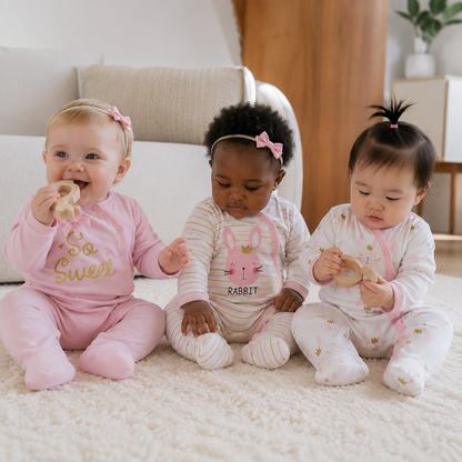 Three babies sitting on a white rug wearing matching pink and white baby onesies in a cozy indoor room setting.
