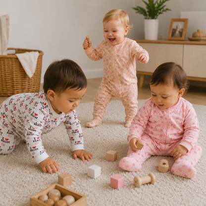 Three babies playing on a light beige carpet in a bright nursery, wearing matching floral and patterned footed sleeper outfits. One baby wears a white sleeper with colorful cartoon motifs, another wears a pink floral one-piece, and the standing baby wears a pale peach-pink floral one-piece.