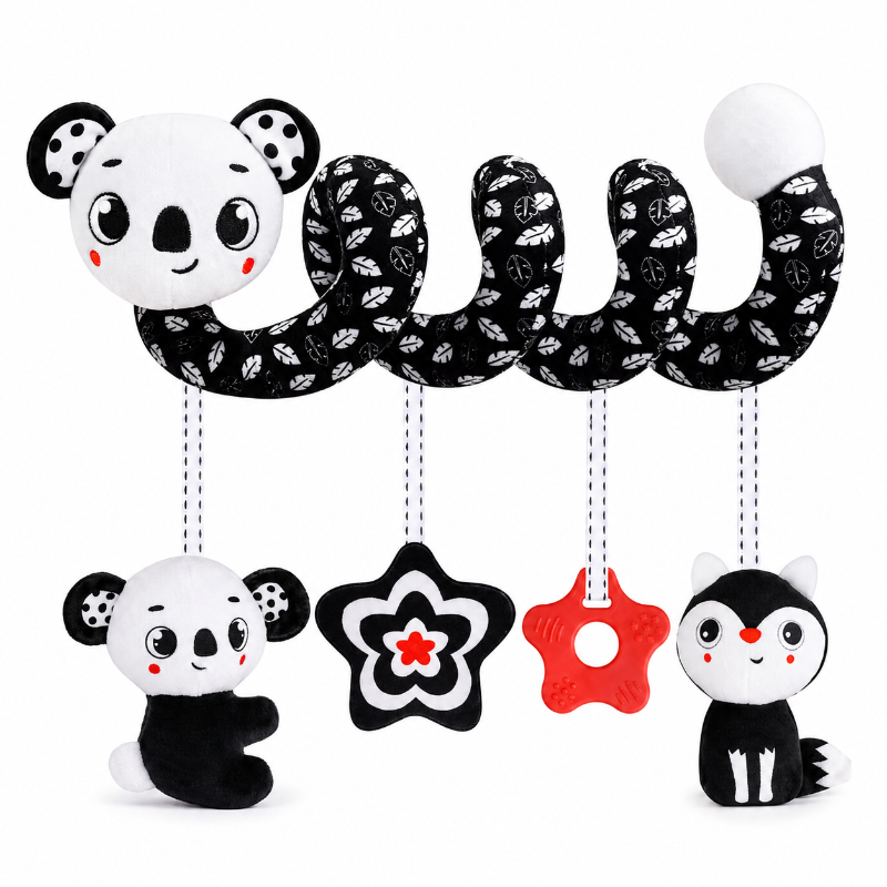 Panda-themed baby mobile toy with a black and white patterned curved body, a white panda head, two hanging plush pandas, and two star-shaped teething toys, shown on a plain white background.