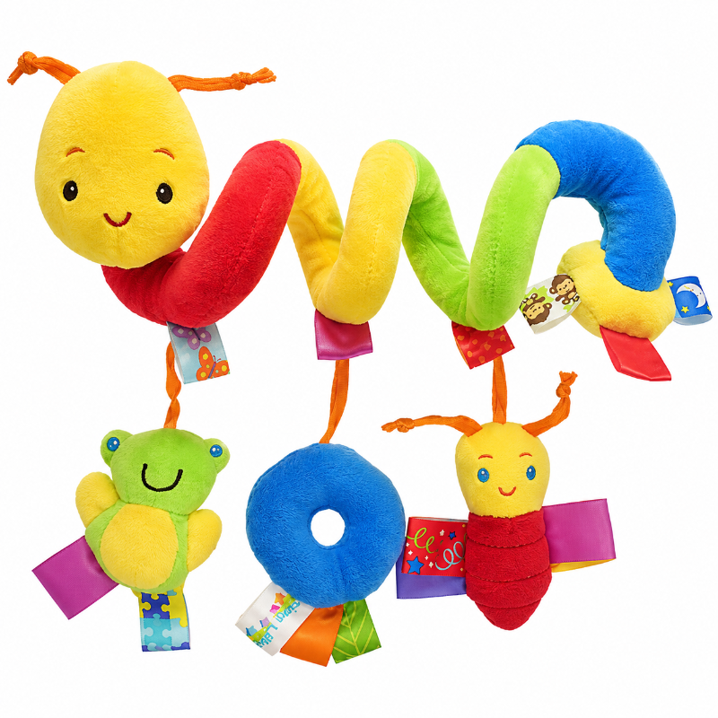 A colorful baby sensory toy set featuring a plush caterpillar with hanging fruit, a green frog, a blue ring, and a red-and-yellow bumble, all on a plain white background.