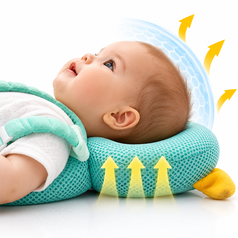 A baby lying on a teal mesh baby neck pillow with yellow arrows indicating airflow and cooling, set against a clean white background.