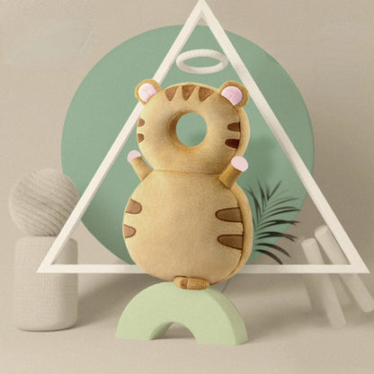 A collection of colorful baby head and back protection pillows with various animal designs displayed against a pastel background.