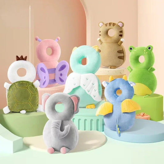 A collection of colorful baby head and back protection pillows with various animal designs displayed against a pastel background.