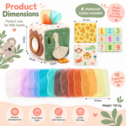 A baby sensory cube toy set with a plush cube featuring animal faces and a mirror, shown with included patterned cloths, a number cloth, and a row of 12 soft fabric cloths in assorted colors. Text highlights dimensions, cloth count, bright colors, sensory benefits, and soft materials.