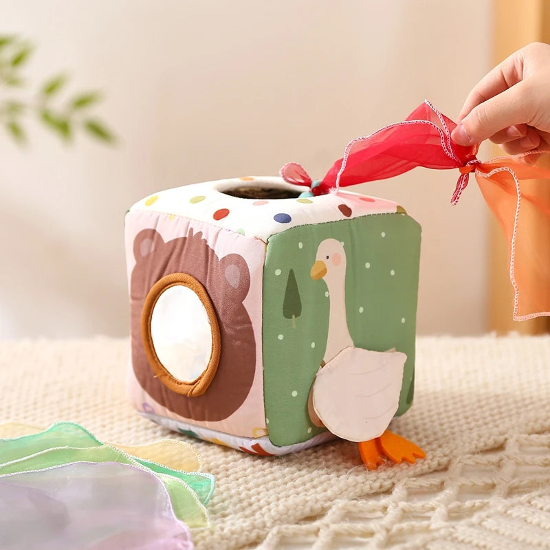 Baby Montessori Toys Cotton Tissue Box Colorful Soft Sensory Toys For Newborn Finger Exercising Pumping Silk Scarf Baby Gife Toy