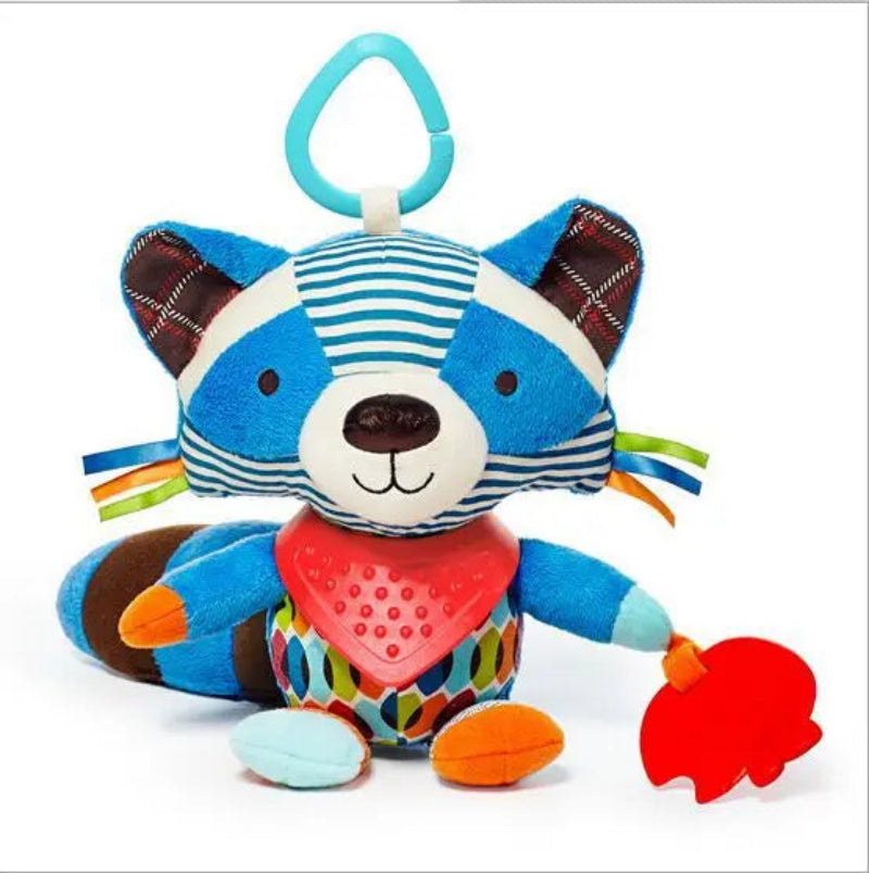 A colorful plush baby toy in the shape of a lion with various textures and a teething ring attached.