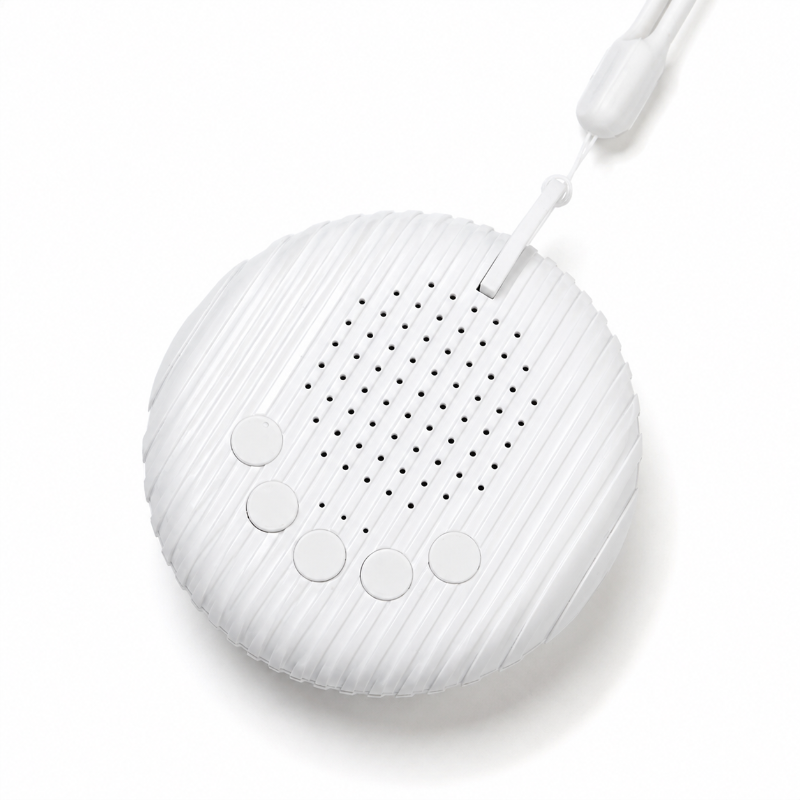 A white round portable speaker with a ribbed textured surface, five button controls, and a small array of speaker holes on top, shown on a clean white background.