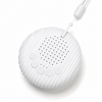 A white round portable speaker with a ribbed textured surface, five button controls, and a small array of speaker holes on top, shown on a clean white background.