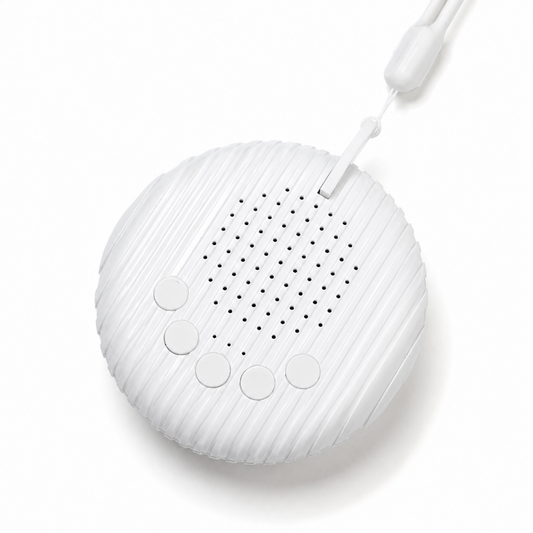 A white round portable speaker with a ribbed textured surface, five button controls, and a small array of speaker holes on top, shown on a clean white background.
