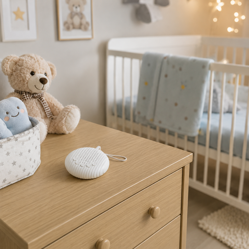 A white circular mesh speaker with a carrying loop sits on a light wood dresser in a softly lit baby nursery. A teddy bear, plush toy, crib, and warm string lights are visible in the background.