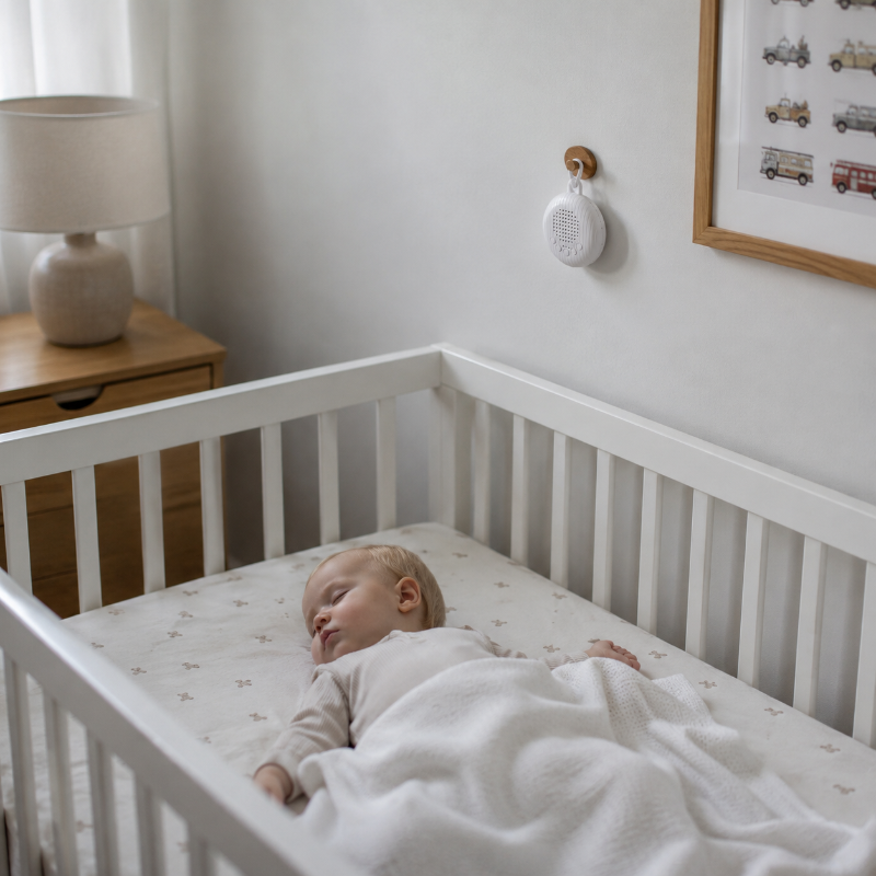 A sleeping baby lies in a white wooden crib, covered with a white blanket. The room has a light gray wall with a framed picture, a small wall-mounted device, and a wooden bedside table with a lamp.