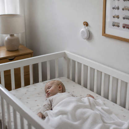 A sleeping baby lies in a white wooden crib, covered with a white blanket. The room has a light gray wall with a framed picture, a small wall-mounted device, and a wooden bedside table with a lamp.
