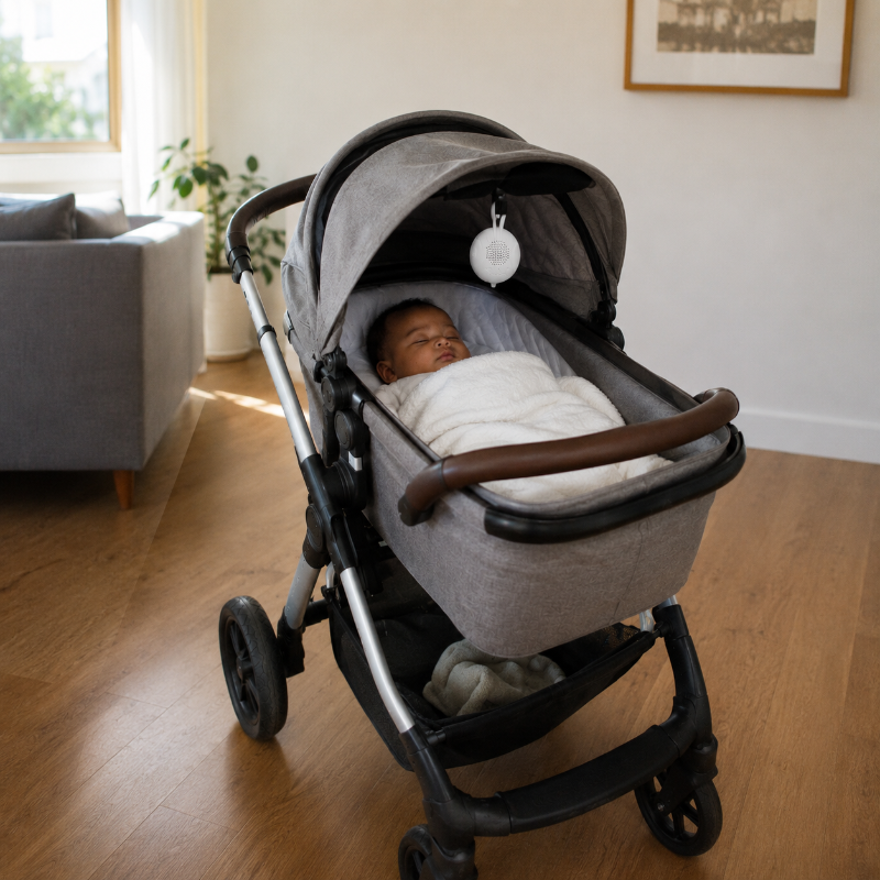 A baby sleeping in a gray stroller with a white blanket, positioned on a wooden floor in a bright, modern living room.